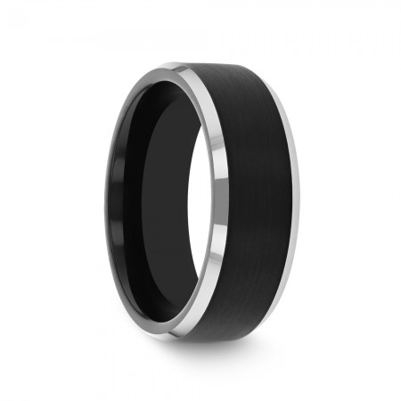ATNOS Black Brushed Center Tungsten Carbide Ring with Polished Beveled Edges - 4mm - 10mm
